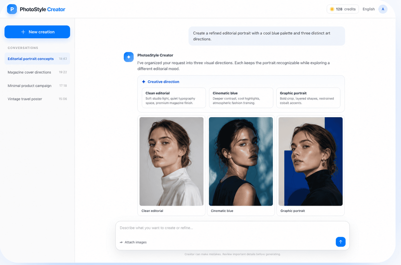 3種類の完成したエディトリアルポートレートを表示するPhotosStyle AI画像生成ワークスペース
